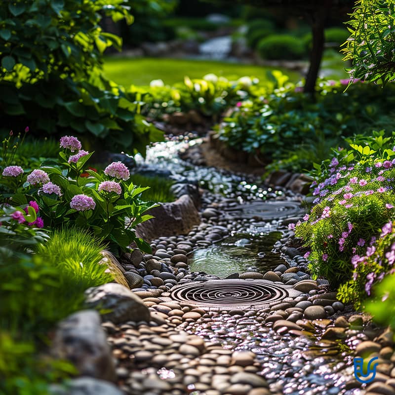 Integrated Drainage in Action Lush garden landscape featuring an integrated drainage system to prevent waterlogging.