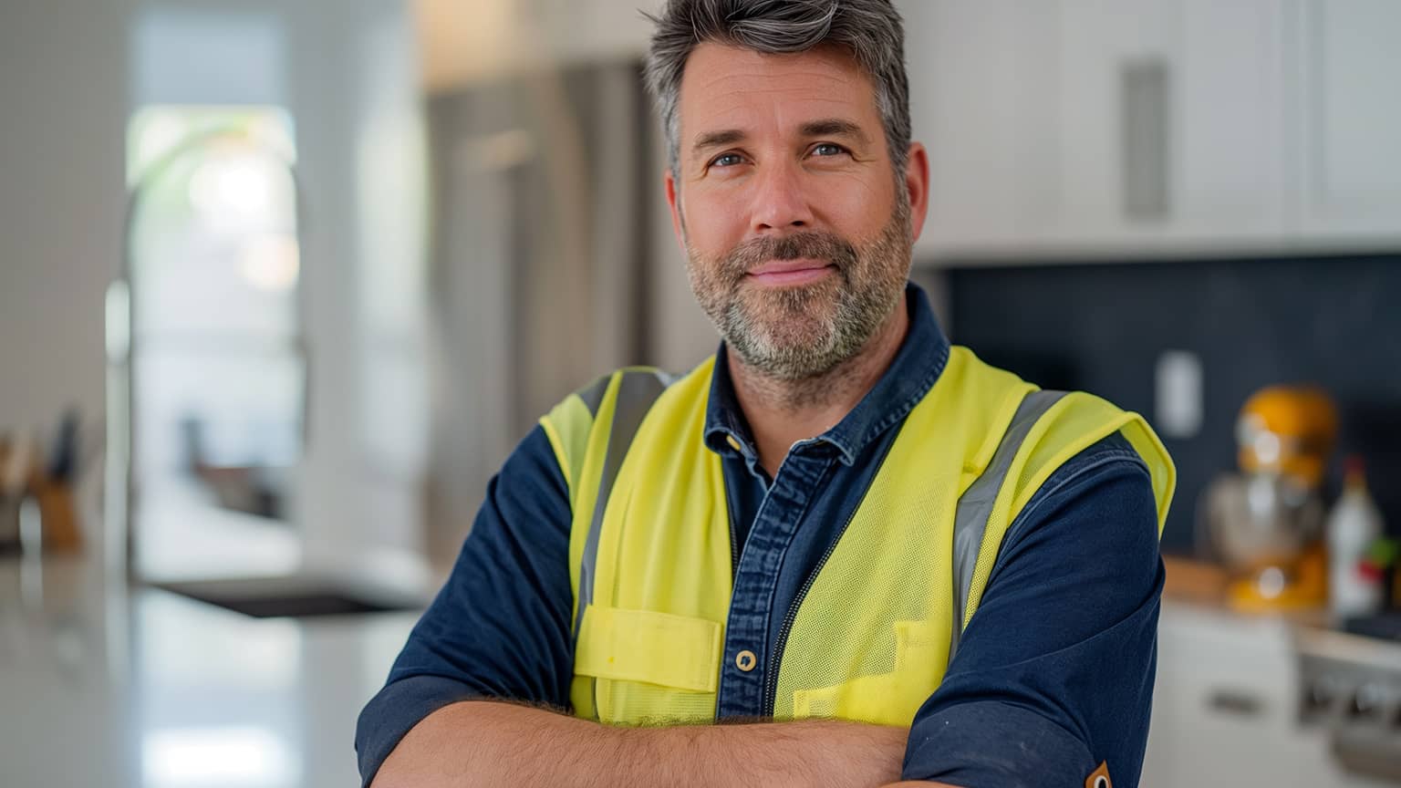 Engineer wearing a high visibility vest standing indoors facing the camera.