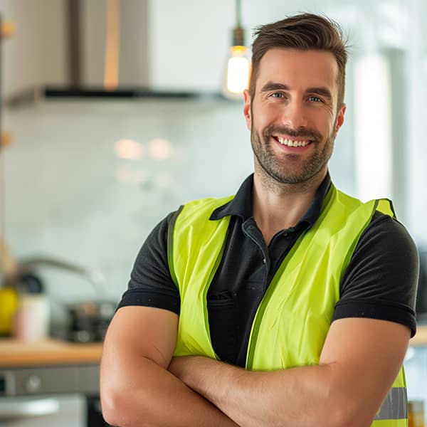 Engineer wearing a high visibility vest standing indoors facing the camera.