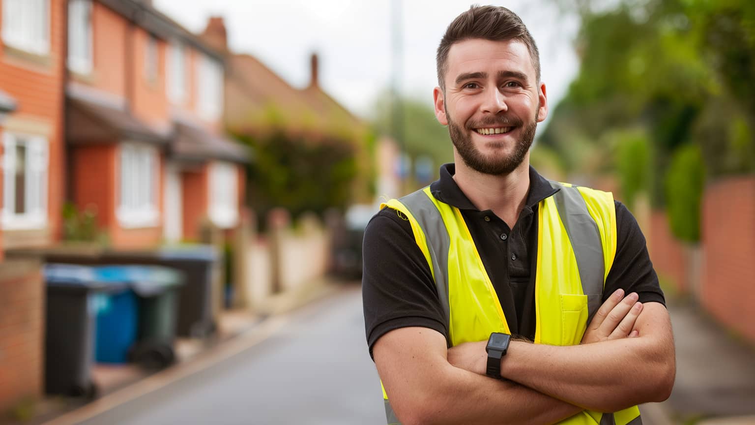 Unblockers engineer in high-visibility jacket standing ready on a street for maintenance work
