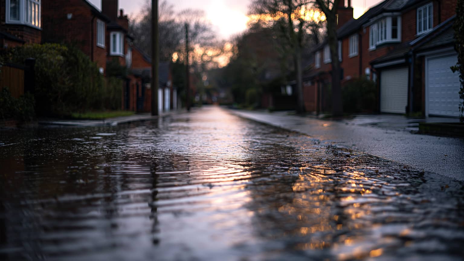 Flooded manhole on street with visible water overflow