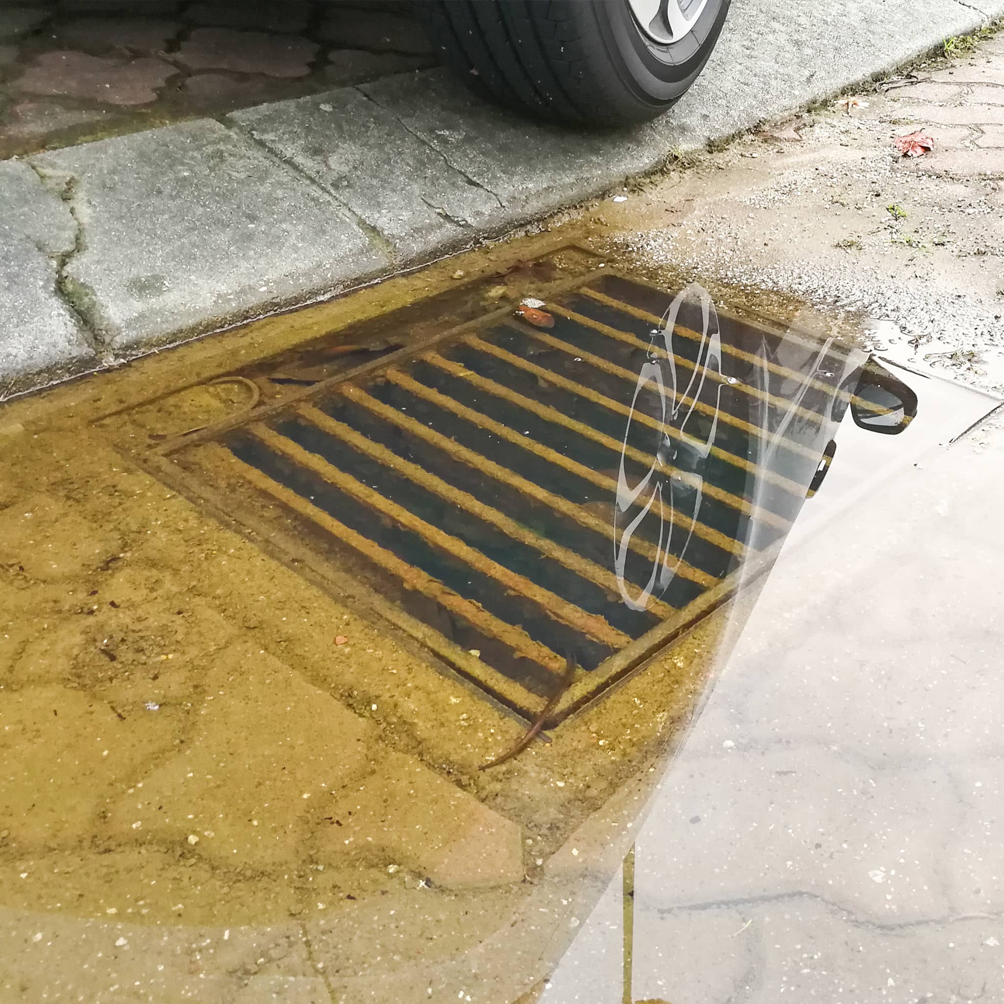 Leaking manhole with visible water escape, indicating underground infrastructure issues