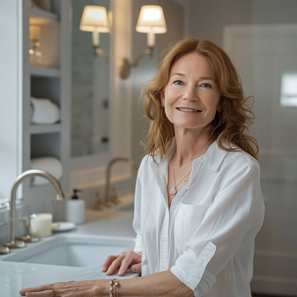 Happy customer standing in her bathroom with a successfully unblocked shower and bathtub.