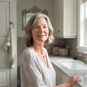 Satisfied customer smiling in their bathroom after a successful drain unblocking by professionals.