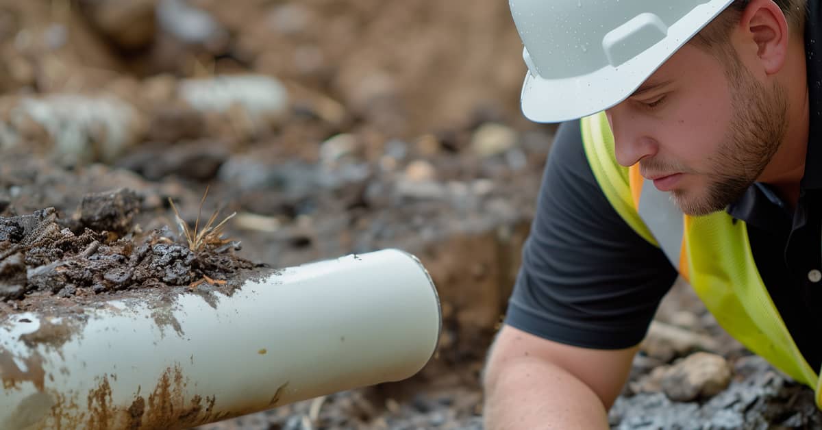 Drainage engineer inspecting a collapsed drain pipe showing severe structural damage.