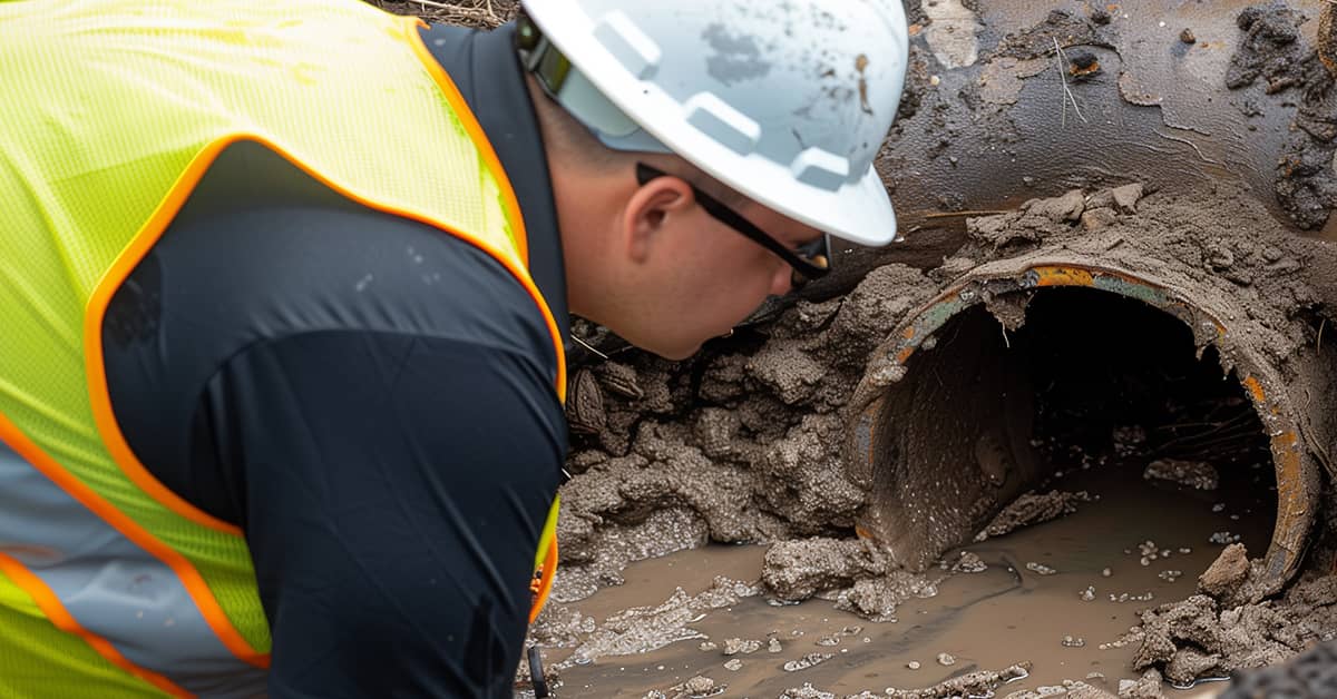 Drainage engineer inspecting a collapsed drain pipe in the UK.