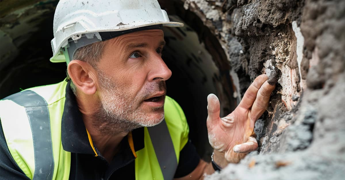 Drainage engineer inspecting a damaged pitch fiber pipe.