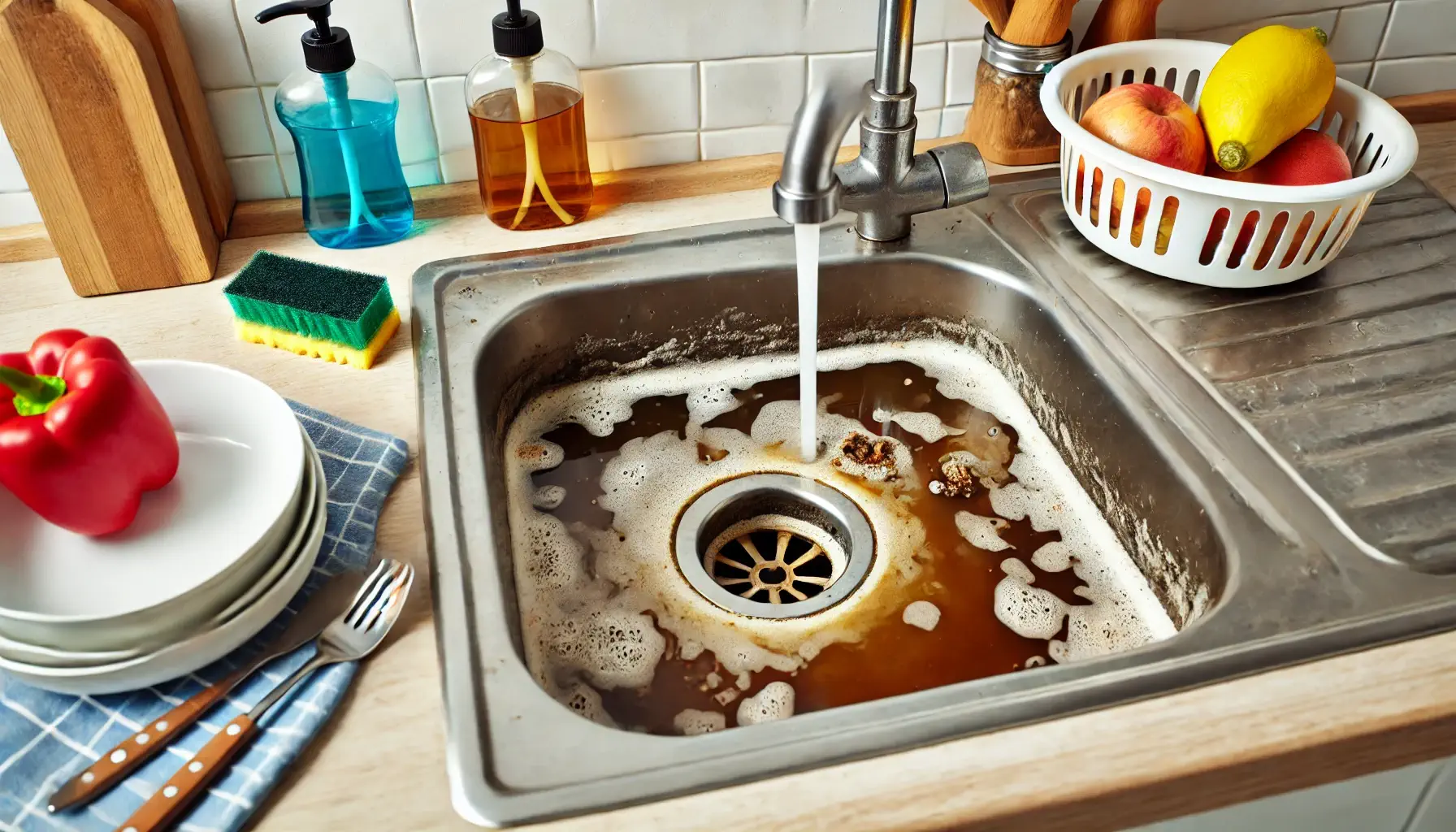 Kitchen sink clogged with greasy water and soap scum.