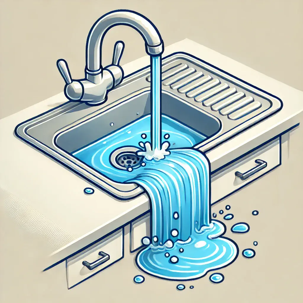 Illustration of a kitchen sink overflowing with water.