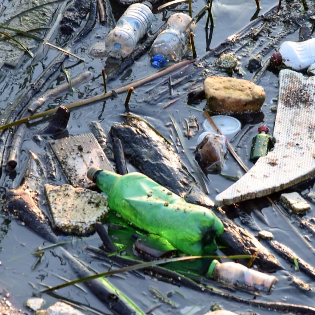 Polluted water filled with plastic bottles and debris.