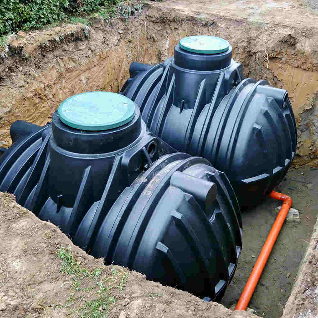 Modern septic tank installation with connected drainage pipes.