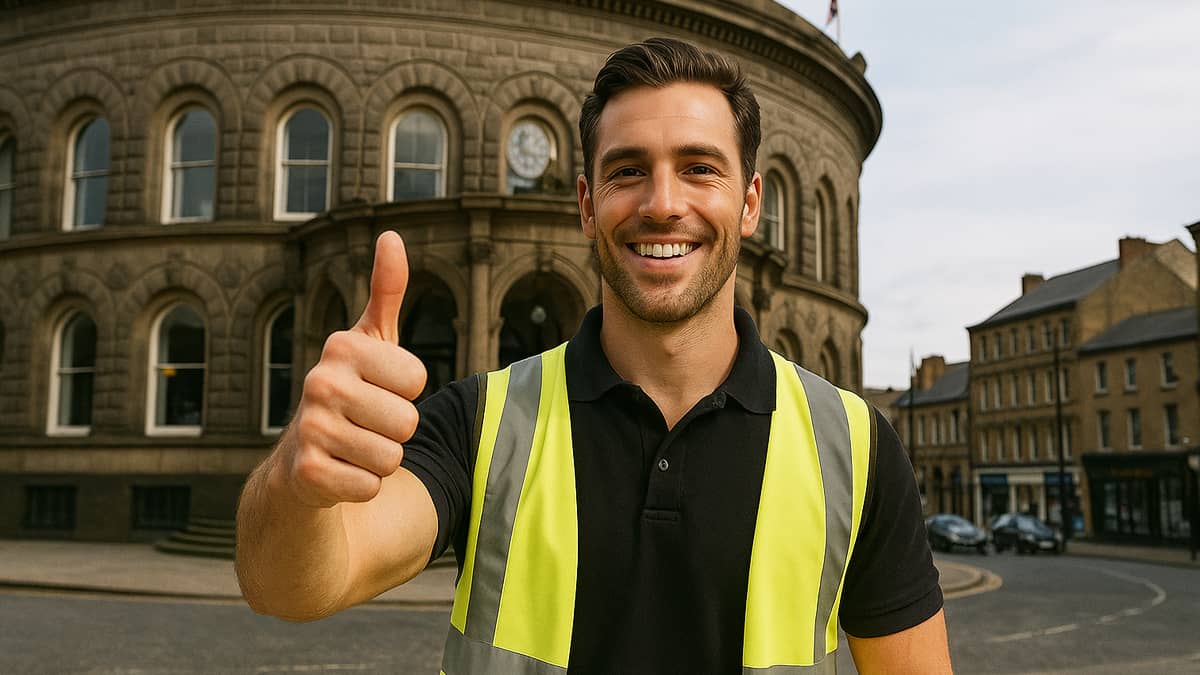 drain-unblocking-leeds-engineer-outside-leeds-corn-exchange Drainage engineer in Leeds giving a thumbs up outside the Corn Exchange after completing a drain unblocking job.