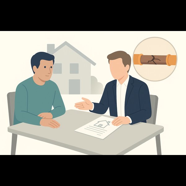 Vector illustration of a home buyer and seller discussing property paperwork with an inset showing a cracked drain pipe.