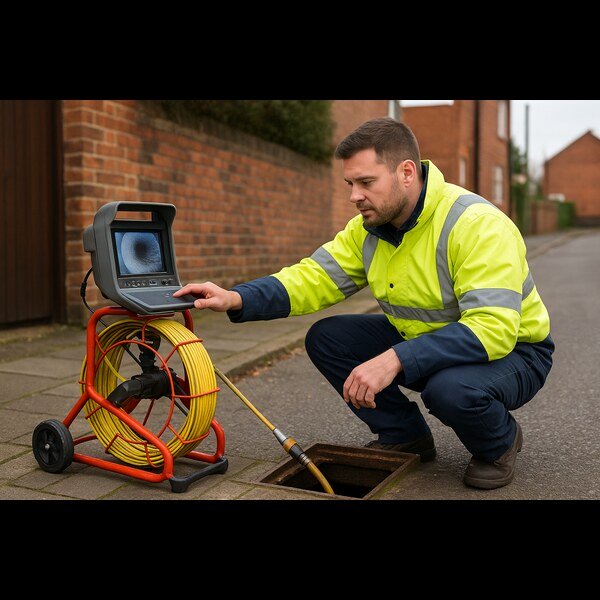 Drainage engineer inspecting a drain using a CCTV camera system on a UK residential street.