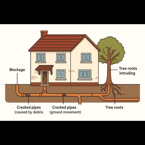 Cutaway illustration of a UK house showing underground drainage pipes with blockages, cracks, and tree root intrusion.