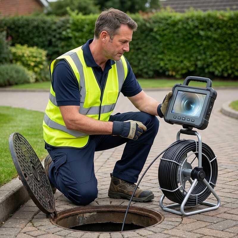 Drainage engineer using a CCTV drain inspection camera beside an open manhole at a UK residential property.