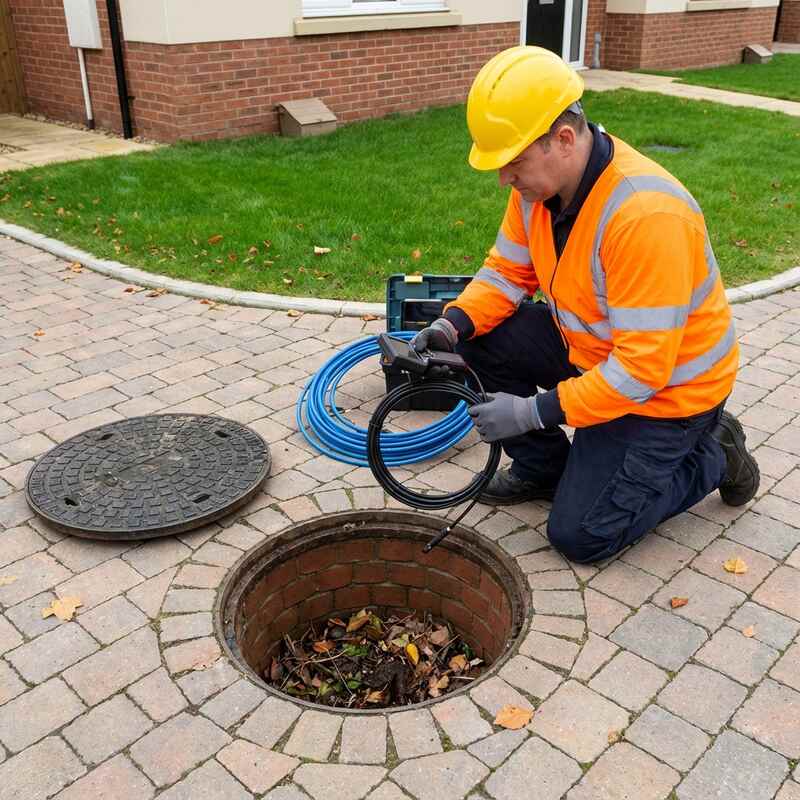 Drainage engineer inspecting an external manhole filled with leaves and debris at a UK residential property.