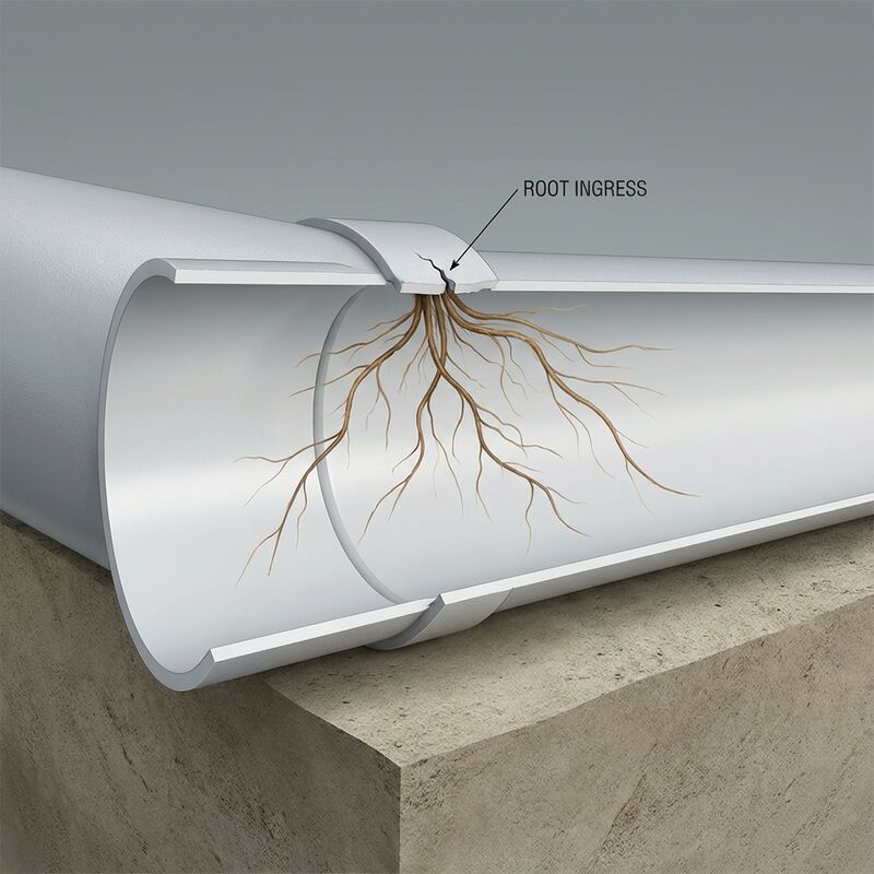 Cutaway view of a drainage pipe showing tree root ingress through a crack in the pipe joint.